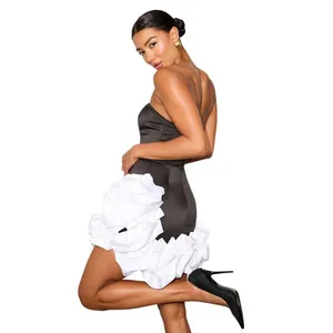 Lulus Evangela Black and White Satin Bubble-Hem Mini Dress size Large thumbnail 5