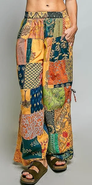 POL Printed Patchwork Wide Leg Pants with Adjustable‎ Side Drawstring - Medium thumbnail 1