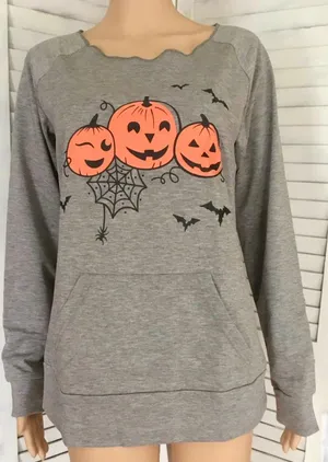 Halloween Pumpkin Sweatshirt, Large 🎃 Gray thumbnail 1