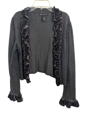 Dark Gray Velvet Ruffle Cropped Open Front Cardigan M Whimsigoth Fairy Grunge thumbnail 1