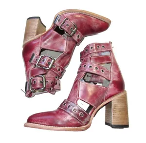 NEW Freebird by Steven Malena Joplin in Red Leather Ankle Buckle Heel Boot 10 thumbnail 2