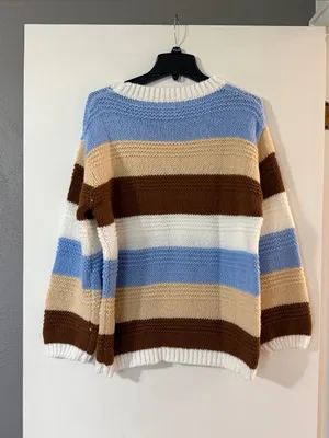 BiBi Striped Crewneck Sweater in Blue, Brown & Cream thumbnail 4