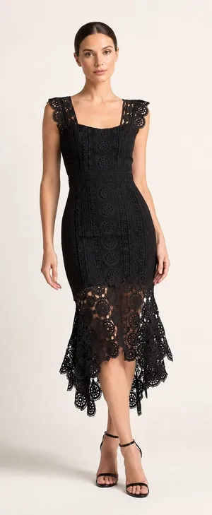 Lena Crochet High Low Dress Women Large Black Lace Ruffled Hem Whimsigoth Party thumbnail 1