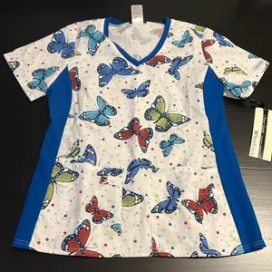 Cherokee‎ Flexibles Butterfly Scrub Top Blue V-Neck Small 1912 BUBR NWT thumbnail 1