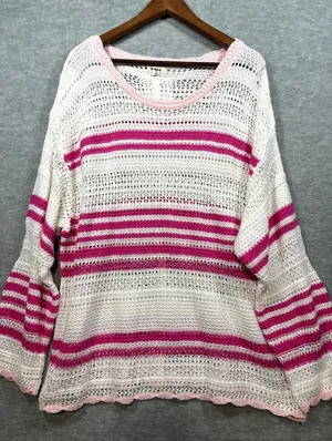 POL Womens‎ Striped Sweater Pink White Sz M Open Knit Beachy thumbnail 1
