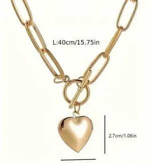 Golden Heart Pendant Chunky Chain Necklace, Alloy Gold Tone thumbnail 4