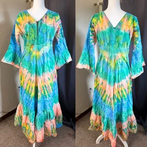Tie Thai Boho Bell Sleeve Tie Dye Festival Maxi Dress Womens Large Multi-Color thumbnail 6