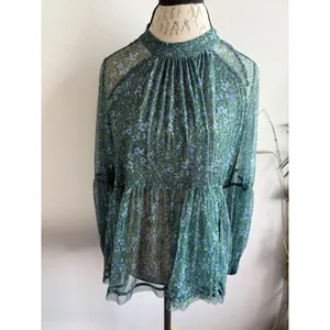 Free People Floral Sheer Mock Neck Peplum‎ Blouse Green Blue Size Medium thumbnail 2