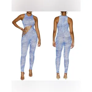 Naked Wardrobe NWT Women Small Blue Marble Mesh No Strings Attached Jumpsuit thumbnail 2