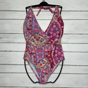 Nanette Lepore One Piece Swimsuit Floral Wrap Halter Size 12 thumbnail 3