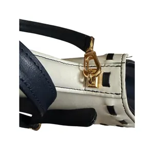 Vintage Madras Leather Crossbody Bag Top Handle Navy Blue Cream M logo thumbnail 15