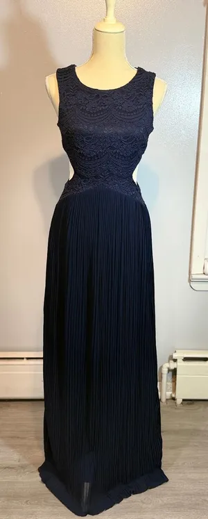 Navy Lace Cutout Maxi Dress Pleated Formal Evening Wedding Guest Gown Size 6 thumbnail 1