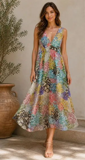 ✨LOLA Italy Silk Blend Floral‎ Patchwork Midi Dress Size M✨ thumbnail 1