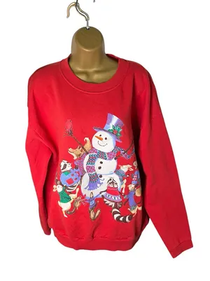 Vintage 90s Christmas Sweatshirt Snowman Animal Graphic Crewneck Red XXL thumbnail 1