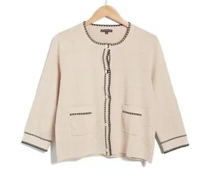 Adrianna Papell Tipped Button Front‎ Cardigan Champagne Blush Black Small thumbnail 1