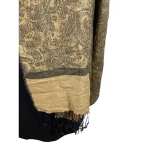 Pashmina Silk Blend Shawl Wrap Scarf Tan Black Paisley Jacquard Fringe Elegant thumbnail 3