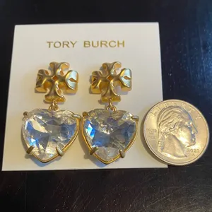 Tory Burch Kira Crystal faceted heart drops hanging from TB logo studs thumbnail 10