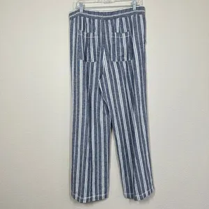 Gap Women's Medium Blue White Striped Linen Blend Wide Leg Drawstring Pants thumbnail 8