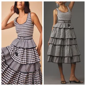 Hunter Bell Andrea Black White Gingham Smocked Tiered Midi Dress Anthropologie 6 thumbnail 2