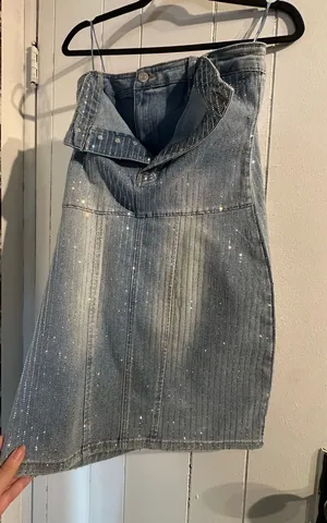 AKIRA NWT Embellished Rhinestone Light Blue Denim Mini Dress thumbnail 1