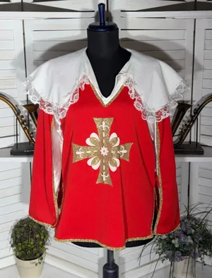 Vintage red musketeer costume top lace gold cross court jester ren fair cosplay thumbnail 1