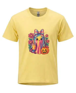 Gildan Cute Ghost & Pumpkin Halloween Yellow Unisex T-Shirt 100% Cotton Size XL NWT thumbnail 1