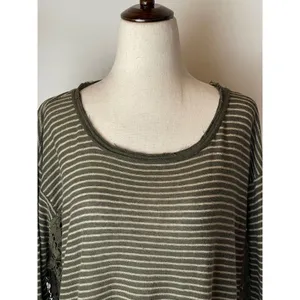 Free People Olive Green Stripe Crochet Sides Linen Blend Long Sleeve Top Size XS thumbnail 7