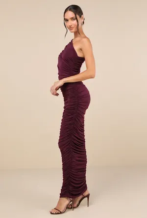 Lulus effortless magnetism dark plum ruched one-shoulder maxi dress thumbnail 3