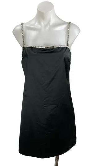 NEW Abercrombie & Fitch Black Satin Rhinestone Mini Cami Tank Shift Slip Dress M thumbnail 1