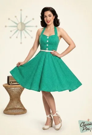Boutique Polka Dot Halter Pin Up Dress Green Size M Retro 50’s Dress Up Kitch thumbnail 1