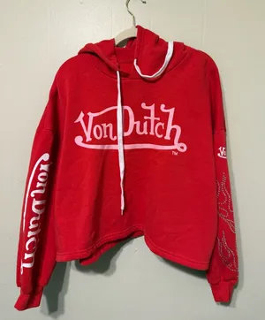 Von Dutch Red Hoodie Sweater with White Logo and Drawstrings M thumbnail 1