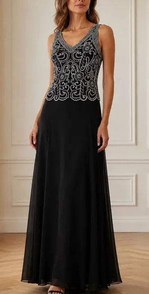 J Kara Black Maxi Dress with White Beaded Floral Bodice thumbnail 1