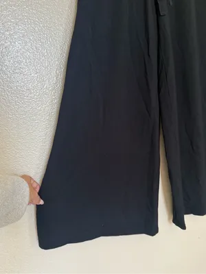 Black Wide Leg Pull-On Pants Drawstring Soft Knit Lounge Travel Minimalist Comfy thumbnail 3