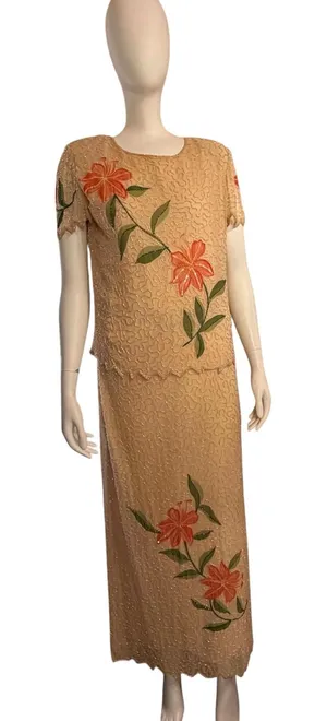 Chadwick's Vintage 100% Silk Two-Piece Beaded Floral Maxi Dress Set thumbnail 1