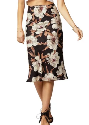 Band of Gypsies Collective Floral Print Midi Slip Skirt Rho Black Cream Size Large thumbnail 1