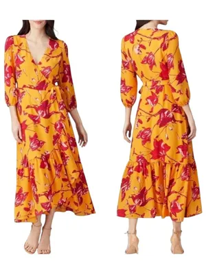 Color Me Courtney Dress Womens Small Yellow‎ Red Floral Print Eleanor Wrap Midi thumbnail 2