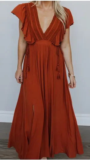 Baltic Born S Babydoll Maxi Dress Rust Tassel Ruffle Boho Rayon Lined Split‎ Hem thumbnail 1