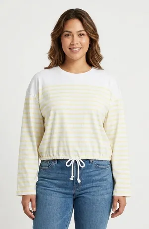 Madewell Top Womens Large Striped Drawstring Hem Cotton Tee Yellow White NZ385 thumbnail 1