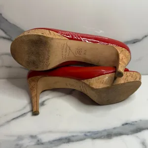 Via Spiga Women's Red Patent Leather Cork Platform Peeptoe Heels Sz 9.5 FLAW thumbnail 8