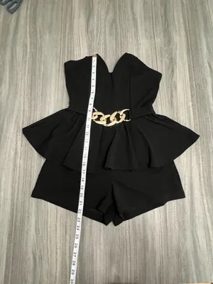 Strapless Black Peplum Romper with Gold Chain Detail thumbnail 7