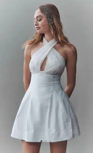 Anthro BHLDN Halter Pearl Embellished Mini Dress Size M with Pearl Bow Clip thumbnail 1