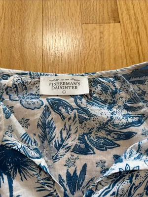 Fisherman's Daughter Blue Palm Cotton Cropped Blouse Sz L thumbnail 2