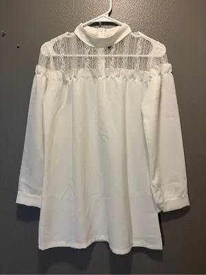 Yida Womens White High Neck Sheer Lace Illusion Long Sleeve Blouse Top Large thumbnail 1