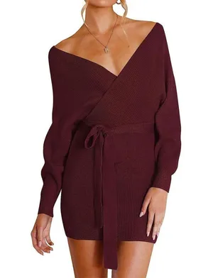 NEW Batwing Sleeve Wrap Knit Backless Pullover Sweater Dress L NO BELT thumbnail 4