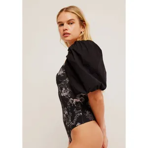 Free People Prarie Rose Puff Sleeve Bodysuit Black Coquette Romantic Large NWT thumbnail 4