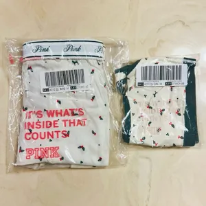 VS PINK Cotton Dorm Unlined Bralette & Flannel Pajama Shorts Cream Holly Print M thumbnail 13