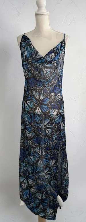 TOLUCA Butterfly Blue Sheer Maxi Gown Dress Size L NEW NWT thumbnail 1