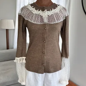 Vintage Y2K Delicate Lace Knit Sweater Sheer Neckline Sleeves Cottage Size Small thumbnail 3