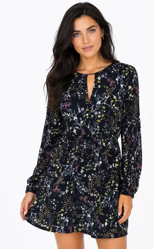 Lush Floral Long Sleeve Mini Dress Dark Academia Cottagecore Keyhole Medium thumbnail 1