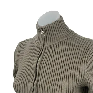 Edikted Olive Green Turtleneck Ribbed Knit Long Sleeve Zip Up Crop Sweater Sz M thumbnail 3